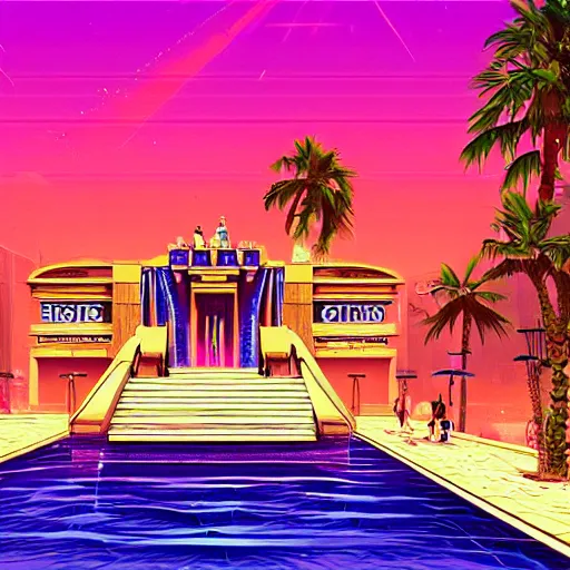 Prompt: a pool and ancient egyptian structure, epic retrowave art, trending on art station