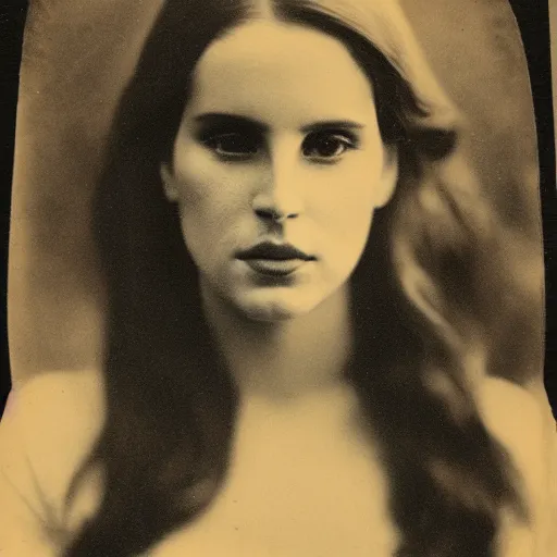 Image similar to tintype photo of lana del rey, by julia margaret cameron 1 8 8 0 s, realistic, body shot, sharp focus, 8 k high definition, insanely detailed, intricate, elegant