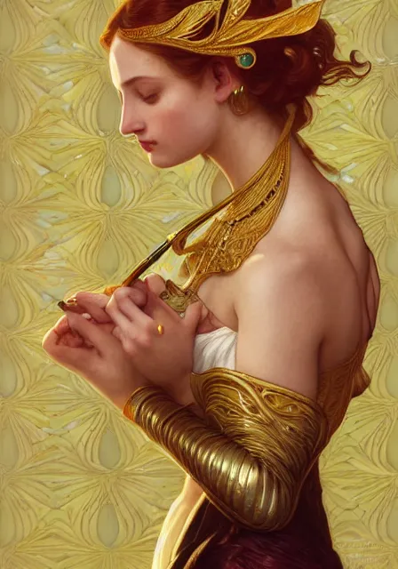 Image similar to sansa bee bee bee bee bee bee bee bee gold, intricate, elegant, highly detailed, digital painting, artstation, concept art, smooth, sharp focus, illustration, art by artgerm and greg rutkowski and alphonse mucha and william - adolphe bouguereau