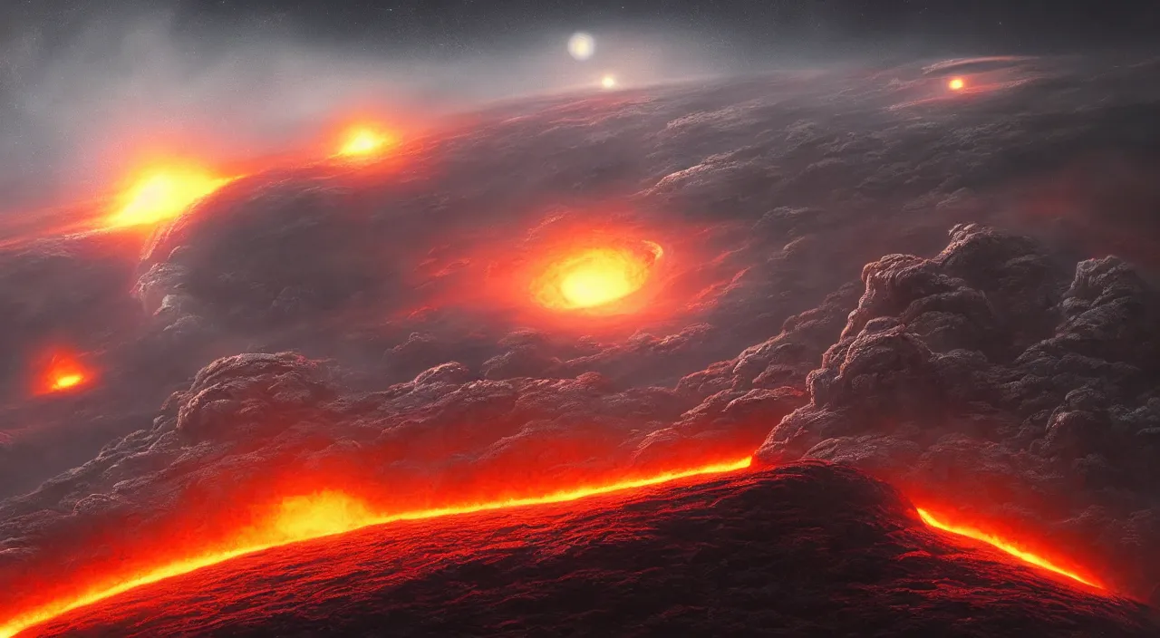 Prompt: hyper realistic matte painting of hot lava flat earth planet in the outer space, highly detailed, trending on artstation, concept art, sharp focus, art by jan matejko