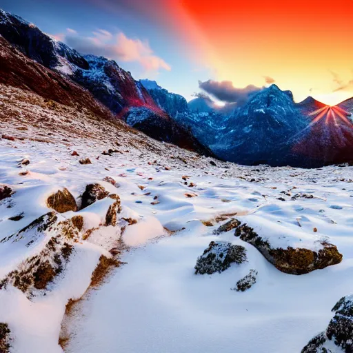 Image similar to an epic inspiring landscape with sharp - cut snow - capped mountains during the golden - hour, professional shot, award winning
