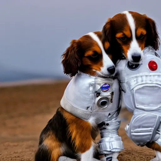 Image similar to two kooikerhondje kissing wearing an astronaut suit in the moon