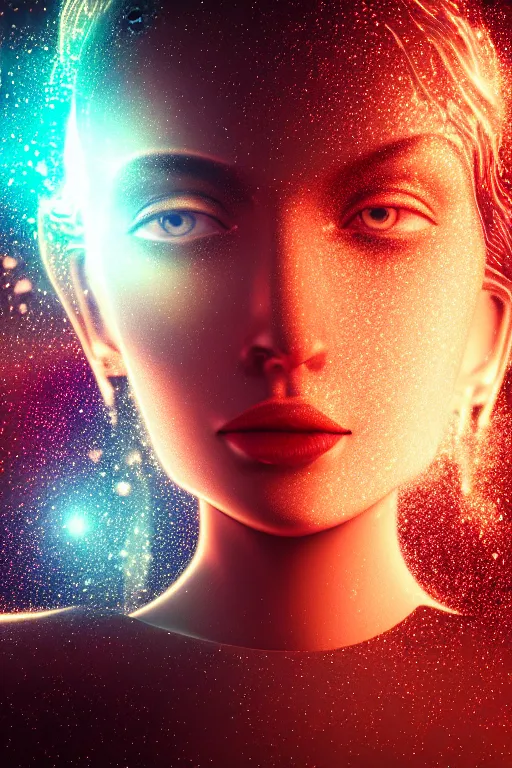 Image similar to intricate hyper detailed ultra sharp 3 d render, unsplash transparent fractal, galaxy in the background, intricate details, human face, facial features, elegant, hyper realistic, ultra detailed, octane render, volumetric cinematic lighting, 8 k post - production