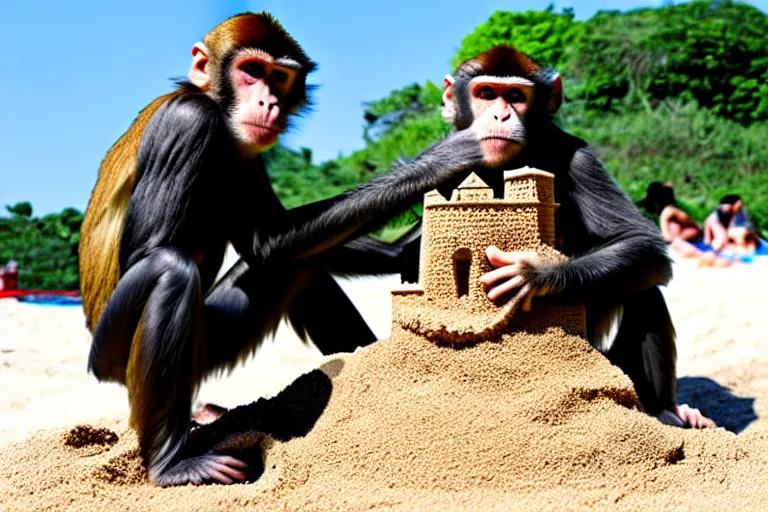 Image similar to a monkey touching a completed sand castle