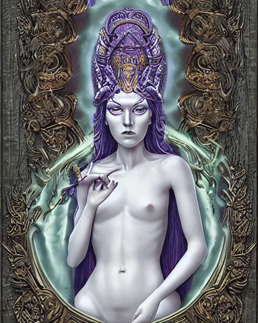 Image similar to androgynous non - human goddess of terrible forbidden knowledge by frank frazzetta