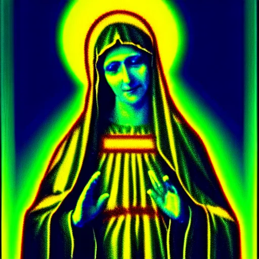 Prompt: vhs static overlay of virgin mary, vhs, 1 9 9 0, highly realistic, highly detailed