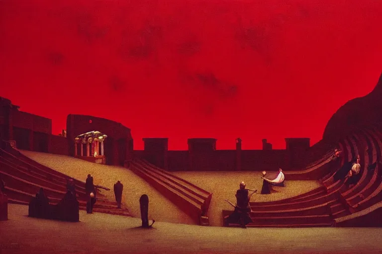 Image similar to only with red, a red great emperor, taormina amphitheatre, expressive crowd with big smile, in the style of beksinski, parts by edward hopper, parts by rodcenko, parts by yue minjun, intricate and epic composition, red by caravaggio, insanely quality, highly detailed, masterpiece, red light, artstation, 4 k