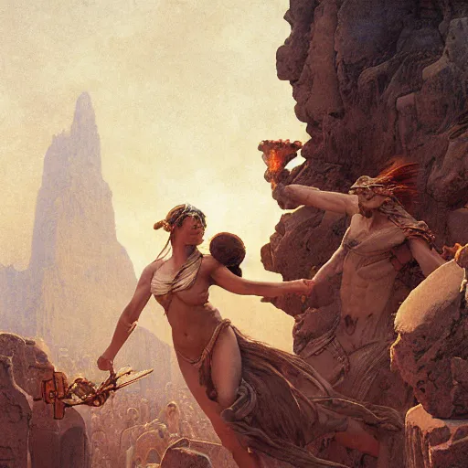 Image similar to Birth of Athena from the head of Zeus, hyperrealism, no blur, 4k resolution, ultra detailed, style of Greg Rutkowski, Carlos Schwabe, Dragan Bibin, Carl Spitzweg, Georges Desvallières, Tyler Edlin, Frank Frazetta