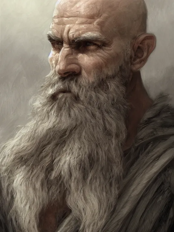 Image similar to painted portrait of rugged odin, god of war, norse god, white hair, masculine, mature, handsome, upper body, grey and silver, muscular, hairy torso, fantasy, intricate, muscular, elegant, highly detailed, digital painting, artstation, concept art, smooth, sharp focus, illustration, art by gaston bussiere and alphonse mucha