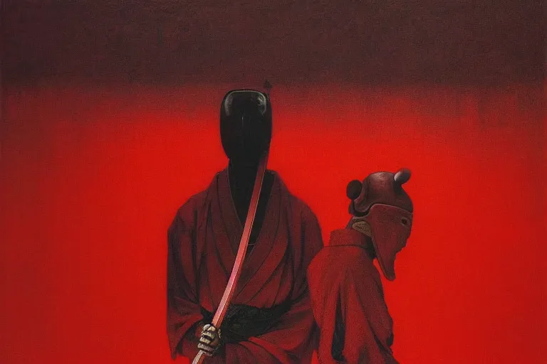 Image similar to only with red, a red samurai harakiri, tokio, a lot of frogs watch, in the style of beksinski, parts by edward hopper, parts by rodcenko, parts by yue minjun, intricate and epic composition, red by caravaggio, insanely quality, highly detailed, masterpiece, red light, artstation, 4 k