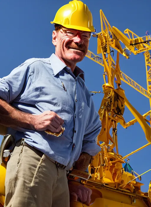 Image similar to closeup portrait of cheerful bryan cranston as a crane operator, yellow hardhat, sitting in a crane, natural light, bloom, detailed face, magazine, press, photo, steve mccurry, david lazar, canon, nikon, focus