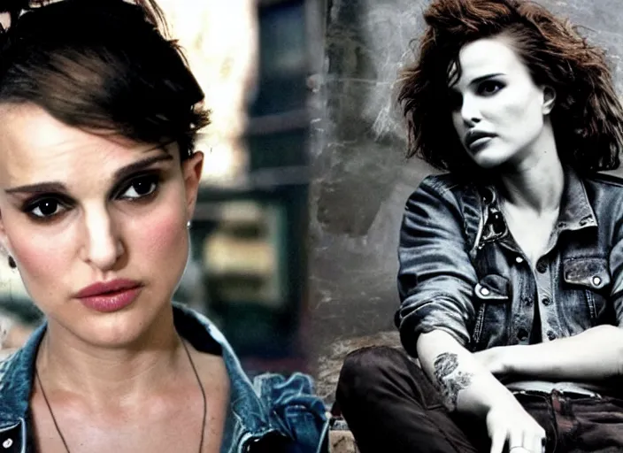 Image similar to promotional image of natalie portman as a british punk rocker in the 80s, rugged black clothes, dyed short hair, tatoos, detailed face, movie still frame, promotional image, imax 70 mm footage