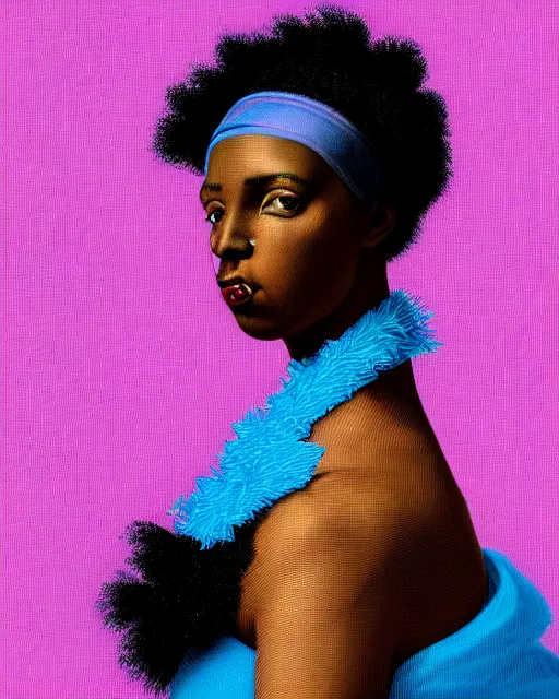 Prompt: photo-realistic portrait of a young black woman with pink hair, wearing a neon blue dress by Vivienne Westwood, intricate details, cyberpunk, super-flat, in the style of Jean Auguste Dominique Ingres, black background