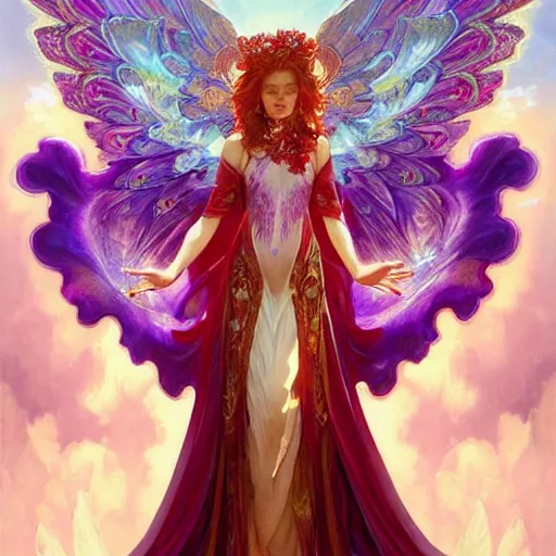 Prompt: a beautiful orchid phoenix angel woman, in an ornamented dress with large wings, rubies, volumetric light, god rays, highly detailed painting by greg rutkowski, artgerm, alphonse mucha