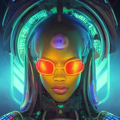 Image similar to african neon necromancer, science fiction, highly detailed, digital painting, beautiful eyes, symmetry, concept art, sharp focus, illustration, global illumination, radiant light, synthwave colors, detailed and intricate environment, art by artgerm and greg rutkowski and magali villeneuve and ilya kuvshinov!