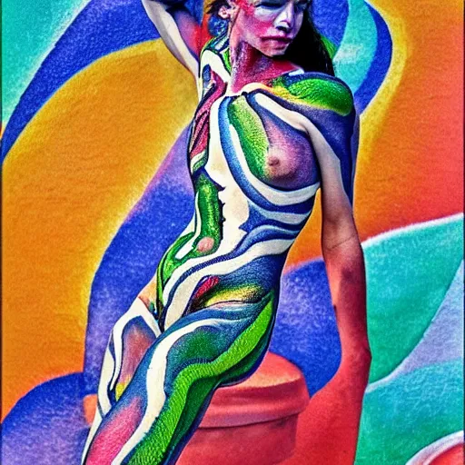 Image similar to stylized bodypaint by paul signac, photography. very detailed human form.