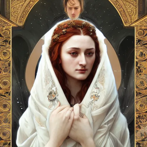 Prompt: portrait of beautiful sansa stark, intricate, elegant, highly detailed, digital painting, artstation, concept art, smooth, sharp focus, illustration, art by artgerm and greg rutkowski and alphonse mucha and william - adolphe bouguereau