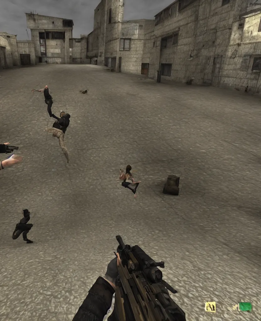 Image similar to lovers dancing in in counter strike with guns in their hands, first person shooter point of view