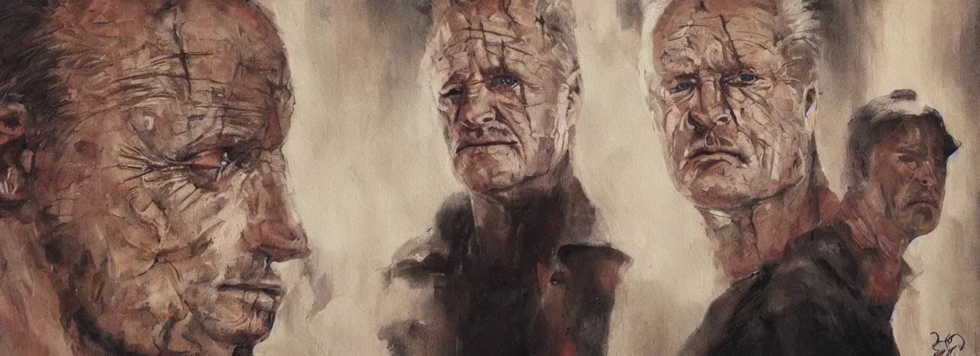 Image similar to a painting that asks the viewer to question the very purpose of life when all memories will be lost in time like tears in the rain, the replicant roy batty is capable of showing more empathy than his human creators, in the style of blade runner, ridley scott