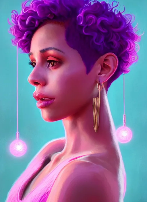 Image similar to portrait of vanessa morgan with bright pink hair, curly pixie cut hair, wearing a purple breton cap, breton cap, hoop earrings, intricate, elegant, glowing lights, highly detailed, digital painting, artstation, concept art, smooth, sharp focus, illustration, art by wlop, mars ravelo and greg rutkowski