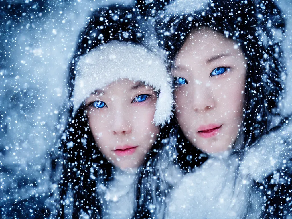 Prompt: the piercing blue eyed stare of yuki onna, glittering skin, running mascara, snowstorm, blizzard, mountain snow, canon eos r 6, bokeh, outline glow, asymmetric unnatural beauty, gentle smile, blue skin, centered, rule of thirds