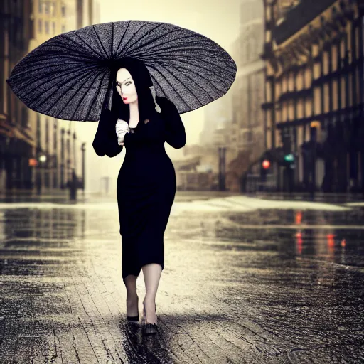 Image similar to morticia addams holding a parasol during a [ humid, rainy day ] as she saunters across the city, closeup!!!, photorealistic facial features, trending on artstation, 4 k photorealism, unsplash, shot by jimmy nelson