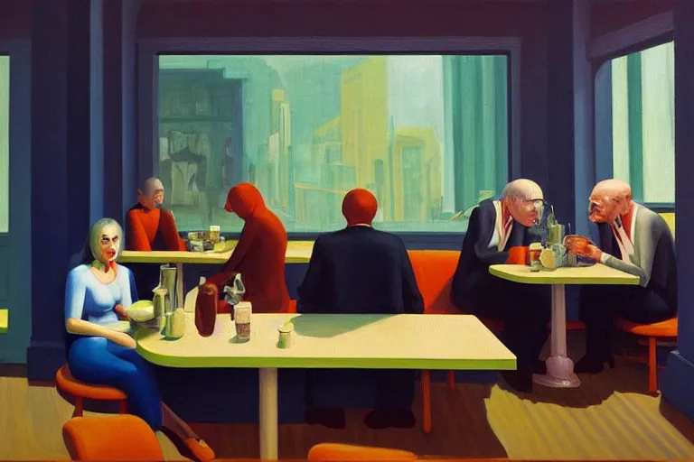 Image similar to hideous cronenberg monsters relaxing at a cafe. a waiter is pouring coffee. one monster is reading a newspaper. painting by edward hopper, 3 d rendering by beeple, 8 k, comfy