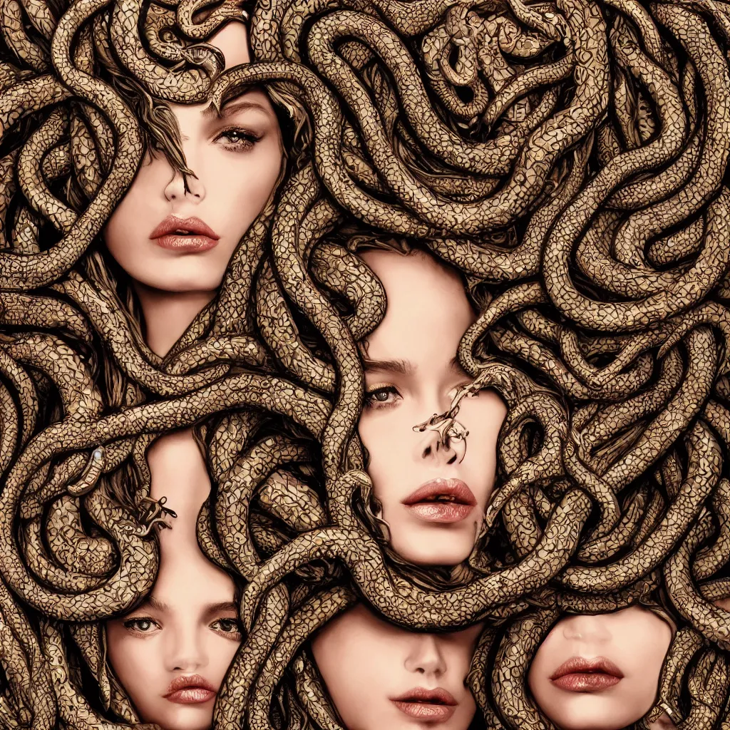 Prompt: a realistic photo of a girl like Medusa with intricate ornament snakes like hair total body in photographic style of Vogue Magazine, wallpaper, fine art photography, hyper realistic, hyper detailed