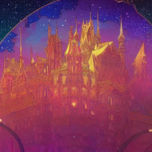 Image similar to a beautiful highly detailed digital art of colorful castle nebulas by, moebius, alphonse mucha, stars in the background, highly detailed, intricate design, cinematic view, 8 k resolution, trending on artstation