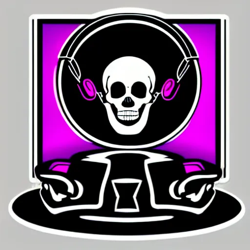 Image similar to svg vector sticker of a skull, rocking out, wearing headphones, huge speakers, dancing, rave, DJ, spinning records, digital art, amazing composition, rule-of-thirds, award-winning, trending on artstation, featured on deviantart