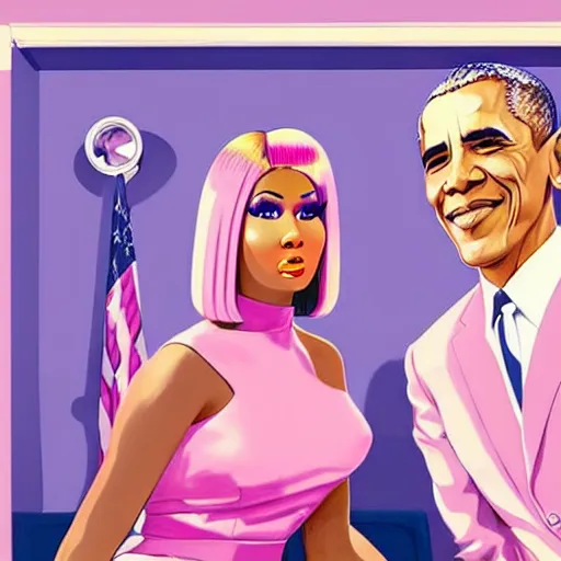 Image similar to 1 9 6 0 s illustration portrait of nicki minaj sitting next to barack obama in a barbershop. cinematic scene. ambient lighting, pastel earth colors, hyper detailed. octane render. concept art. trending on artstation.