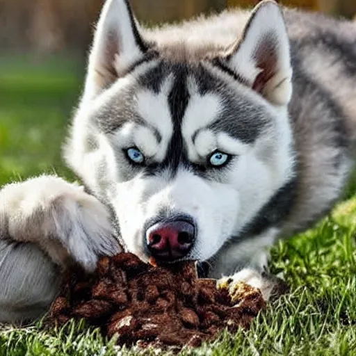 Prompt: a siberian husky eating a pile of shit