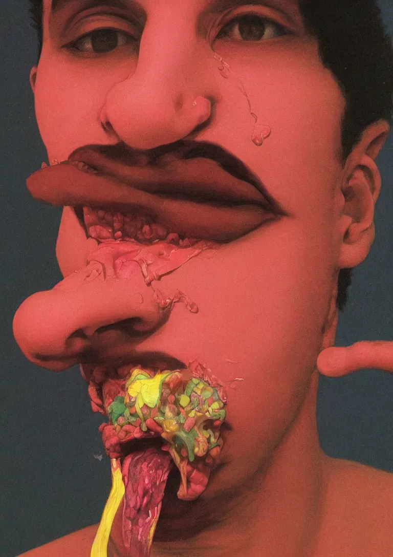 Image similar to a closeup portrait of a young moroccan man licking a tab of LSD acid on his tongue and dreaming psychedelic hallucinations, by kawase hasui, moebius, Edward Hopper and James Gilleard, Zdzislaw Beksinski, Steven Outram colorful flat surreal design, hd, 8k, artstation