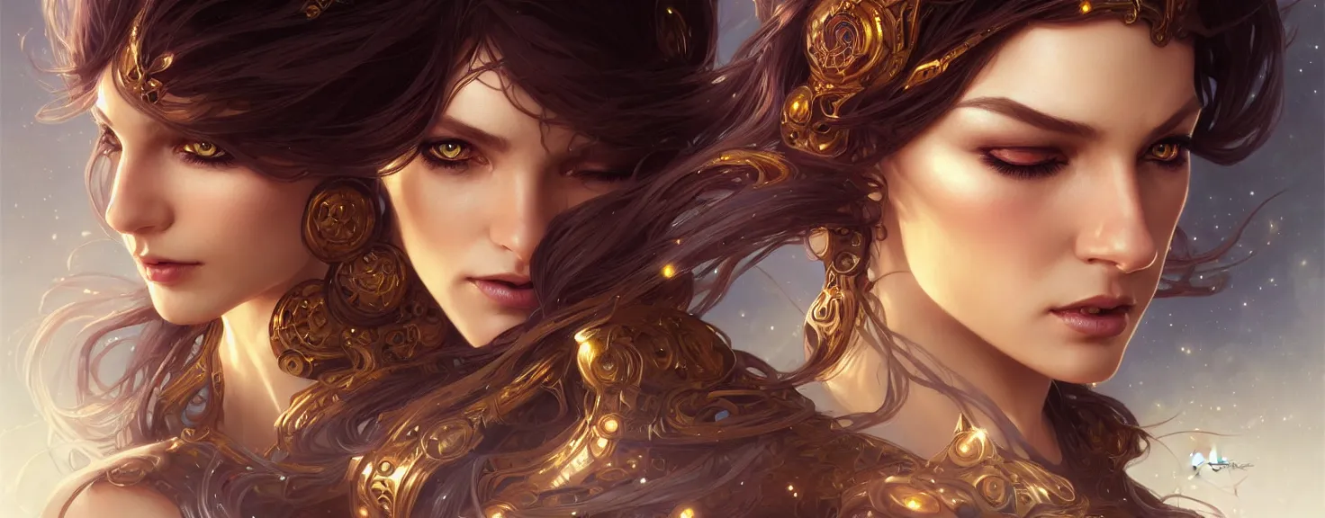 Image similar to fantasy magic woman portrait, sci-fi, amber eyes, face, long hair, fantasy, intricate, elegant, highly detailed, digital painting, artstation, concept art, smooth, sharp focus, illustration, art by artgerm and greg rutkowski and alphonse mucha