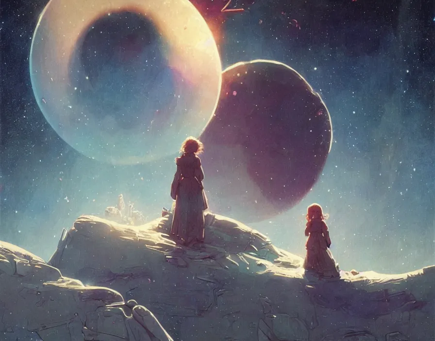 Image similar to illustrated by moebius and greg rutkowski, romantic!!! space scene!! with standing young girl!!!!, orbit of earth!, futuristic orbital station!!!!, nebulae!!, starry sky!!, rule of third!!!!, vintage cover of sci - fi magazine, cinematic!!