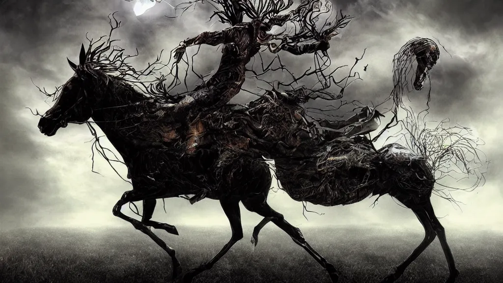 Prompt: halloween headless horseman theme surrealist art in the styles of igor morski, jim warren, and a tim burton film, intricate, hyperrealistic, volumetric lighting