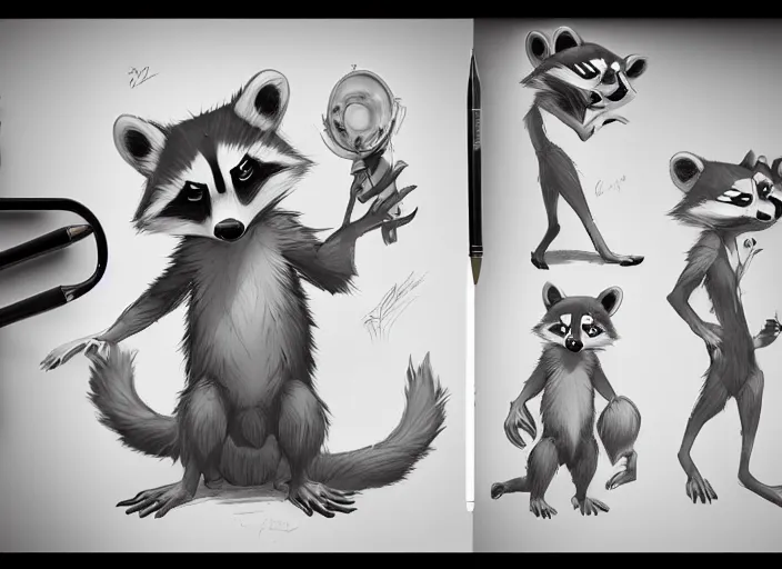 Image similar to lovely raccoon in the style of don bluth, beautiful artwork, shading, high quality cartoon model sheet. greg rutkowski detailed