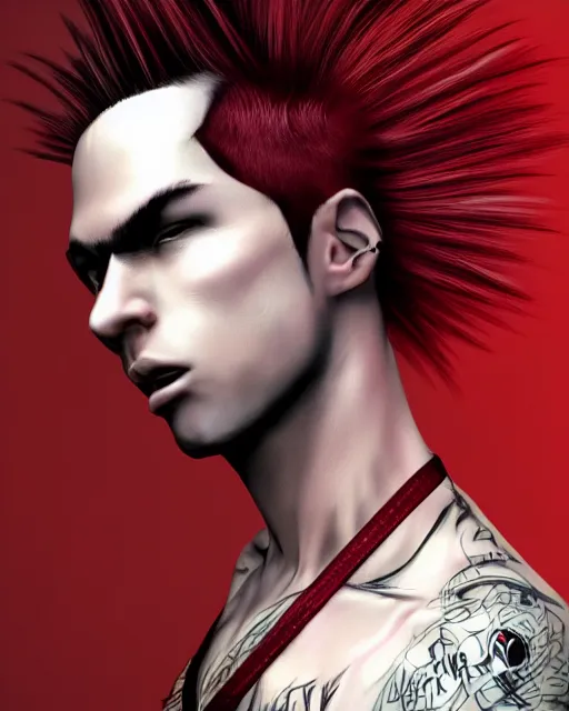 Prompt: young man with a short red dyed mohawk, red eyes and a slim face, dressed in punk clothing, headsho, attractive, handsome, in color, no makeup, model, realistic digital art