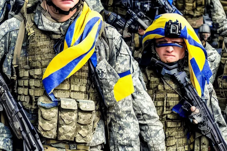 Prompt: promotional image of <Ukrainian fully equiped soldier with blue and yellow flag> as <Professional soldiers> in the new movie directed by <Tetsuya Nomura>, <fully equiped professional soldiers>, detailed face, movie still frame, promotional image, imax 70 mm footage