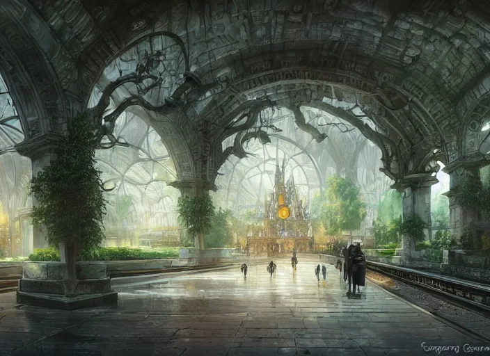 Image similar to A train subway inside a beautiful elven city made of white marble, anime, lush trees, fountain, statue, big clock, information desk, trains, a fantasy digital painting by Greg Rutkowski and James Gurney, trending on Artstation, highly detailed