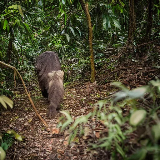 Image similar to george washington cave man, piercing eyes, walking towards camera in the jungle, wildlife camera