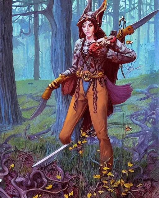 Prompt: moonshine cybin, buxom epic level dnd wood elf spore druidess, wielding a magical sword, wearing magical overalls. covered in various fungi. full character concept art, realistic, high detail painting by angus mcbride and michael whelan and michael william kaluta.