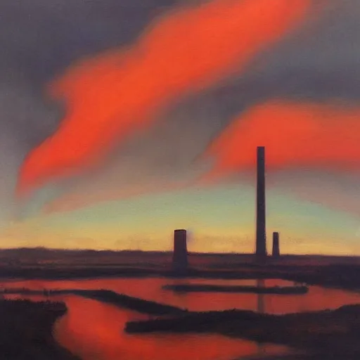 Image similar to “dramatic painting of industrial smokestacks piercing a layer of black clouds, with a background of red clouds lit by a sunset, in the style of the Hudson River school”