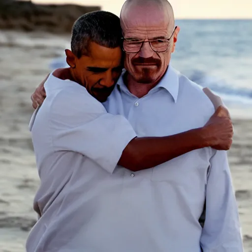 Image similar to Walter White hugging Barak Obama on the beach, artistic, 8k, dramatic lighting