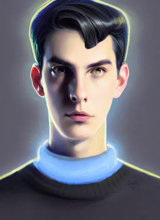 Image similar to portrait of teenage jughead jones wearing a light grey crown, crown, blue turtleneck, closed eyes, photorealistic, black hair, glowing lighting, intricate, elegant, glowing lights, highly detailed, digital painting, artstation, concept art, smooth, sharp focus, illustration, art by wlop, mars ravelo and greg rutkowski