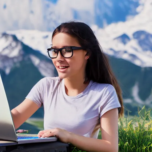 Prompt: smart female junior developer working with laptop in front of a modern campus building outside in the mountains in summer, alps, 4k, digital art, highly detailed, artstation, 8k, ultrafine detail