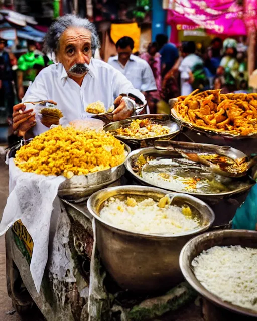 Prompt: A photo of Albert Einstein eating at a chaat stall in mumbai streets, highly detailed, trending on artstation, bokeh, 90mm, f/1.4