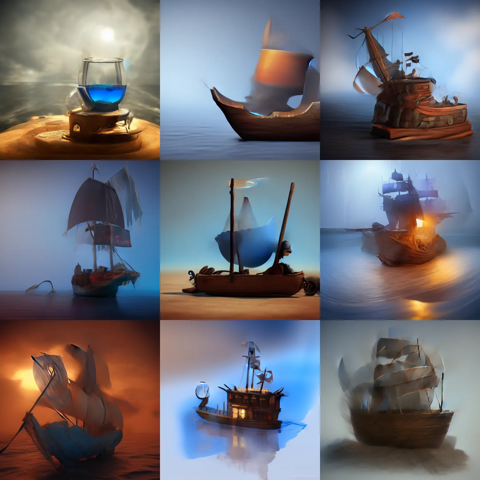 Prompt: a tiny pirate ship put inside a glass full of blue tea, high quality render, artstation, Unreal engine 5, octane render, 4k, dark gray background