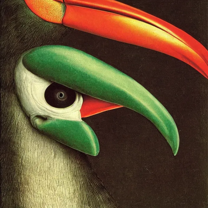 Prompt: close up portrait of a mutant monster creature with exotic toucan beak, twenty arachnid eyes, fair skin tone. by jan van eyck, audubon