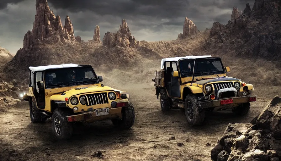 Prompt: Mahindra thar, tribe members attacking, action scene, an epic fantasy, dramatic lighting, cinematic, establishing shot, extremely high detail, photorealistic, cinematic lighting, artstation, matte painting, by christopher nolan, horizon forbidden west